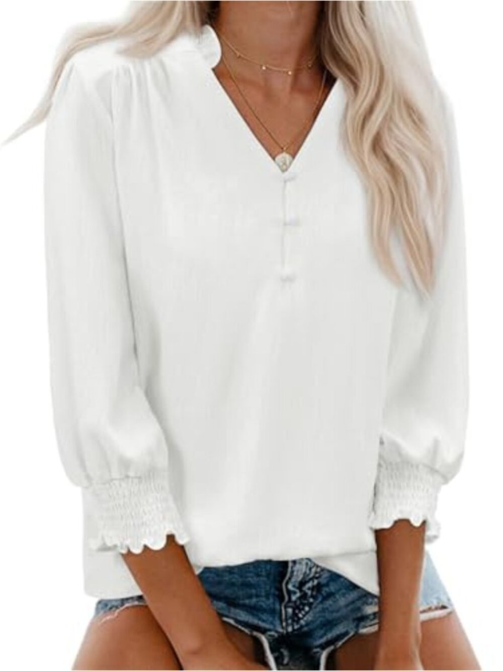 Womens V Neck 3/4 Sleeve Blouse Puff Sleeve Business Casual Top